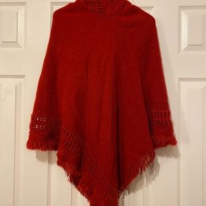 Red knitted poncho with hood